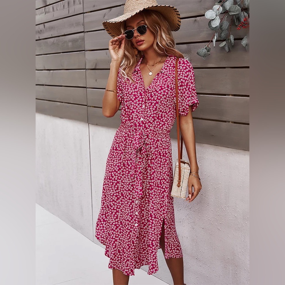 Red Floral Print Button Up Dress